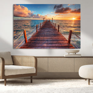 28836-MGV-CV-36X24-Ocean Pier Sunset Wall Art – Wooden Dock and Golden Horizon Canvas Print, Coastal Seascape Photography for Living Room, Bedroom,