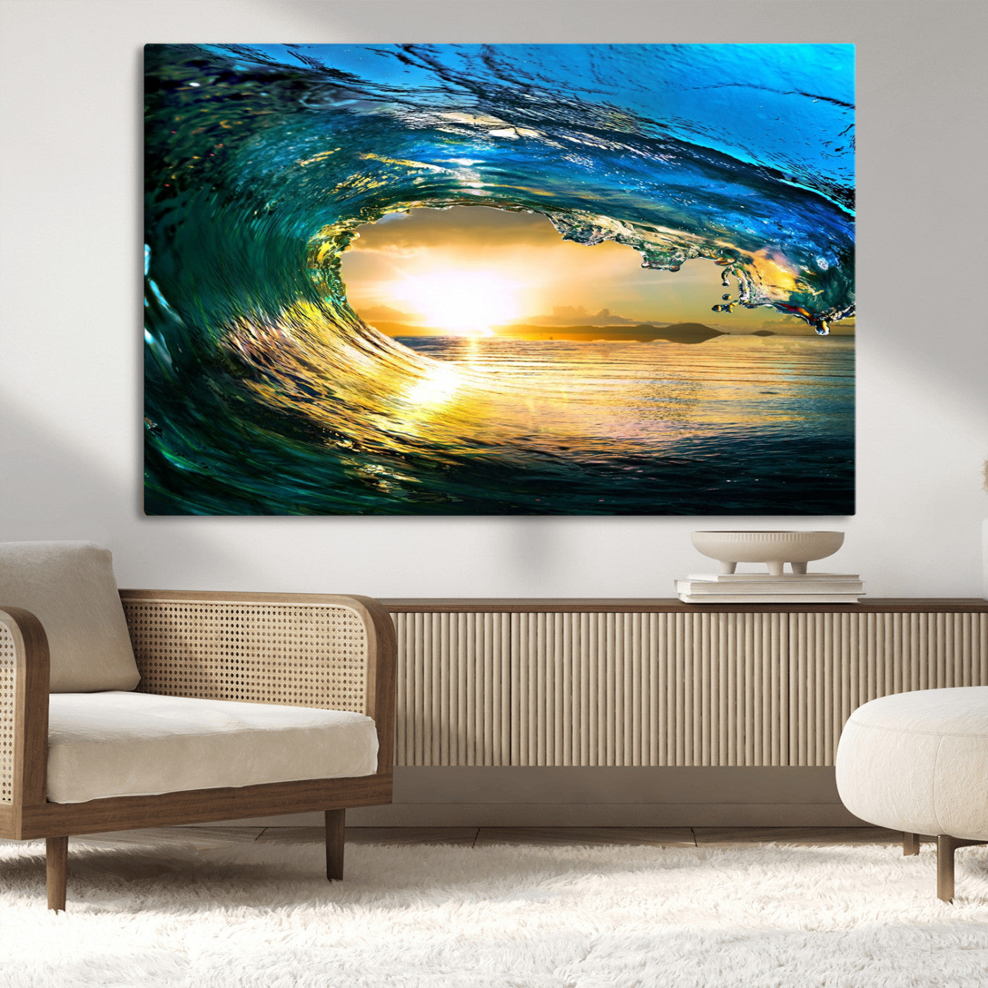 19378-MGV-CV-36X24-Ocean Wave Sunset Wall Art – Vibrant Surf and Golden Horizon Canvas Print, Coastal Seascape Photography for Living Room, Bedroom,