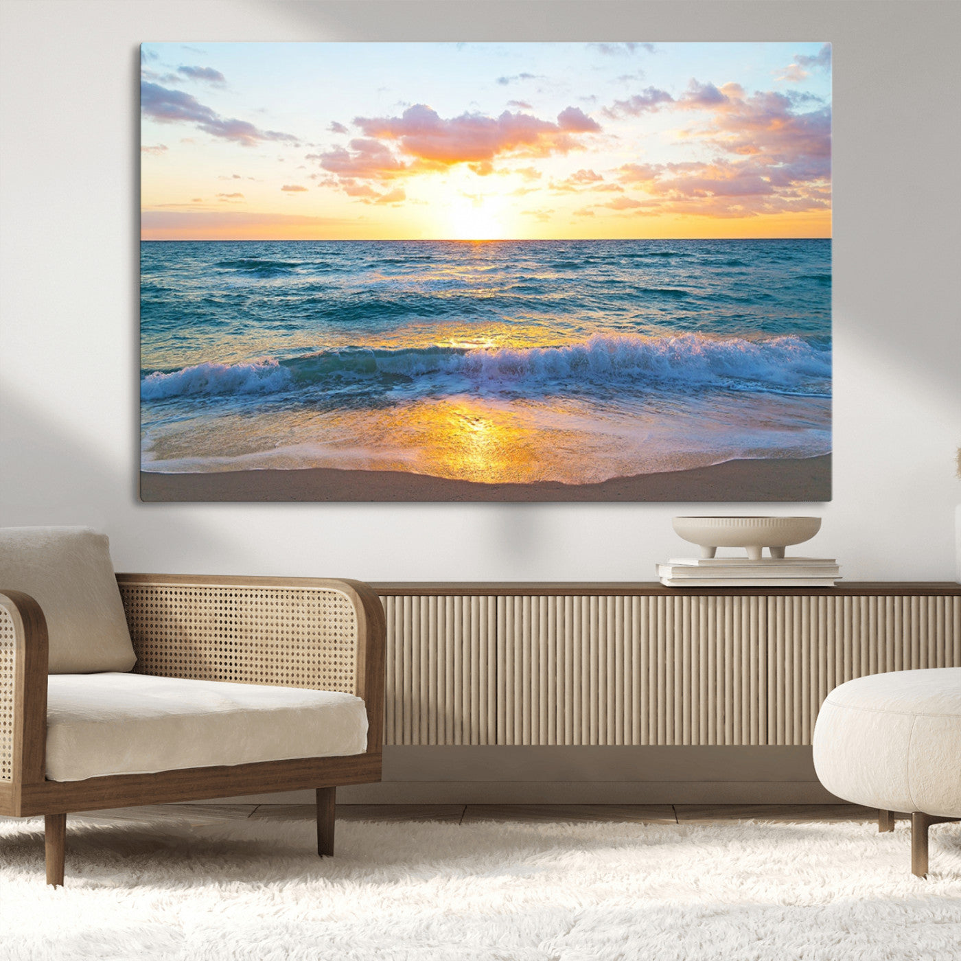 78006-MGV-CV-36X24-Golden Sunrise Ocean Wall Art – Panoramic Beach Waves Canvas Print, Coastal Seascape Artwork for Living Room, Bedroom, Office, or
