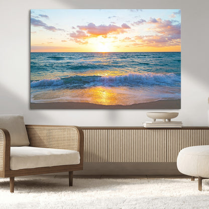 78006-MGV-CV-36X24-Golden Sunrise Ocean Wall Art – Panoramic Beach Waves Canvas Print, Coastal Seascape Artwork for Living Room, Bedroom, Office, or