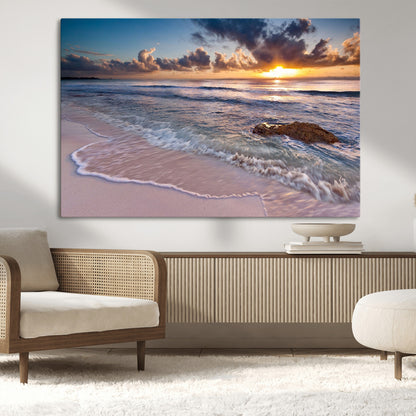 94906-MGV-CV-36X24-Sunrise Beach Wall Art – Panoramic Ocean Waves Canvas Print, Coastal Sunset Seascape Artwork for Living Room, Bedroom, or Office
