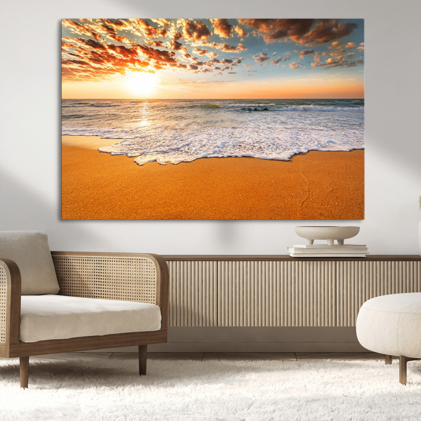 15399-MGV-CV-36X24-Golden Sunrise Beach Wall Art – Ocean Waves on Sandy Shore Canvas Print, Coastal Seascape Decor for Living Room or Bedroom