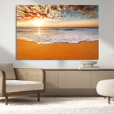 15399-MGV-CV-36X24-Golden Sunrise Beach Wall Art – Ocean Waves on Sandy Shore Canvas Print, Coastal Seascape Decor for Living Room or Bedroom