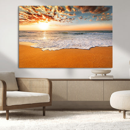 15399-MGV-CV-36X24-Golden Sunrise Beach Wall Art – Ocean Waves on Sandy Shore Canvas Print, Coastal Seascape Decor for Living Room or Bedroom