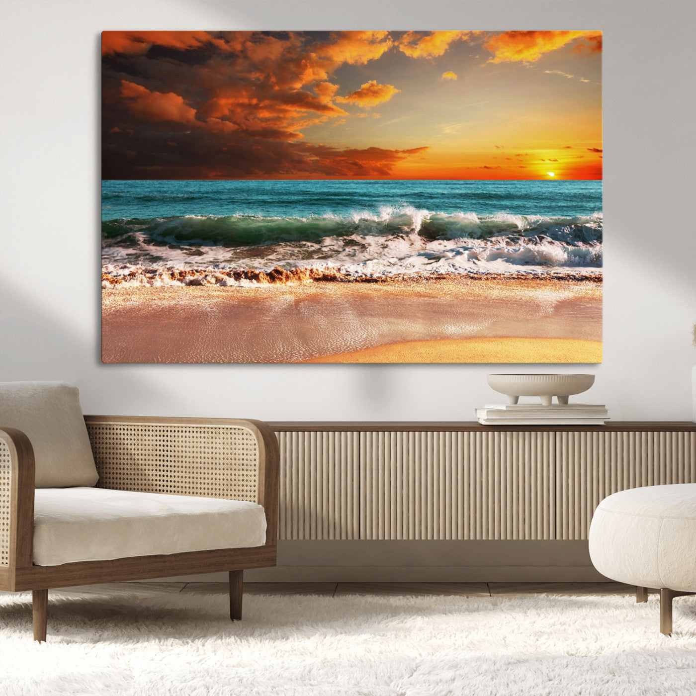 72948-MGV-CV-36X24-Ocean Sunset Wave Wall Art – Dramatic Seascape Canvas Print with Golden Sky and Crashing Waves, Coastal Beach Decor for Living
