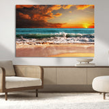 72948-MGV-CV-36X24-Ocean Sunset Wave Wall Art – Dramatic Seascape Canvas Print with Golden Sky and Crashing Waves, Coastal Beach Decor for Living
