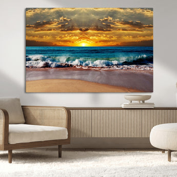 83389-MGV-CV-36X24-Ocean Sunrise Wall Art – Vibrant Beach Waves Canvas Print, Coastal Seascape Decor for Living Room or Office