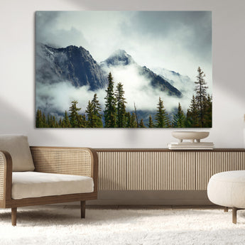 93219-MGV-CV-36X24-Misty Mountain Wall Art – Foggy Pines and Rocky Peaks Canvas Print, Nature Landscape Decor for Living Room, Office or Bedroom