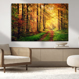 73494-MGV-CV-36X24-Golden Autumn Forest Path Wall Art – Sunlit Woodland Canvas Print, Fall Nature Landscape Home Decoration