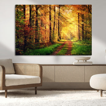 73494-MGV-CV-36X24-Golden Autumn Forest Path Wall Art – Sunlit Woodland Canvas Print, Fall Nature Landscape Home Decoration