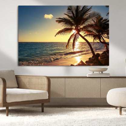 82710-MGV-CV-36X24-Palm Tree Sunset Beach Wall Art – Tropical Ocean Canvas Print, Coastal Paradise Seascape Decor for Living Room or Office Wall