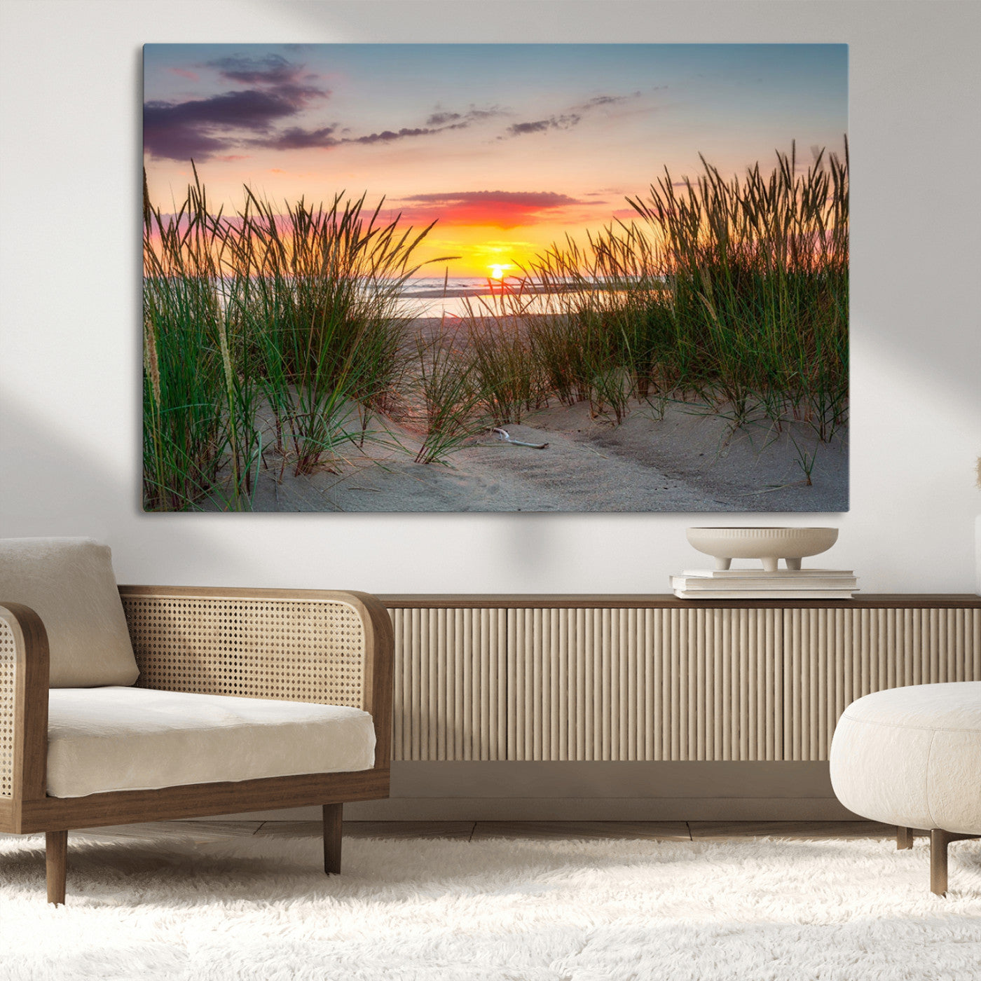 25576-MGV-CV-36X24-Beach Grass Sunset Wall Art – Coastal Sand Dune Landscape Canvas Print, Ocean View Nature Decor for Living Room or Office Wall