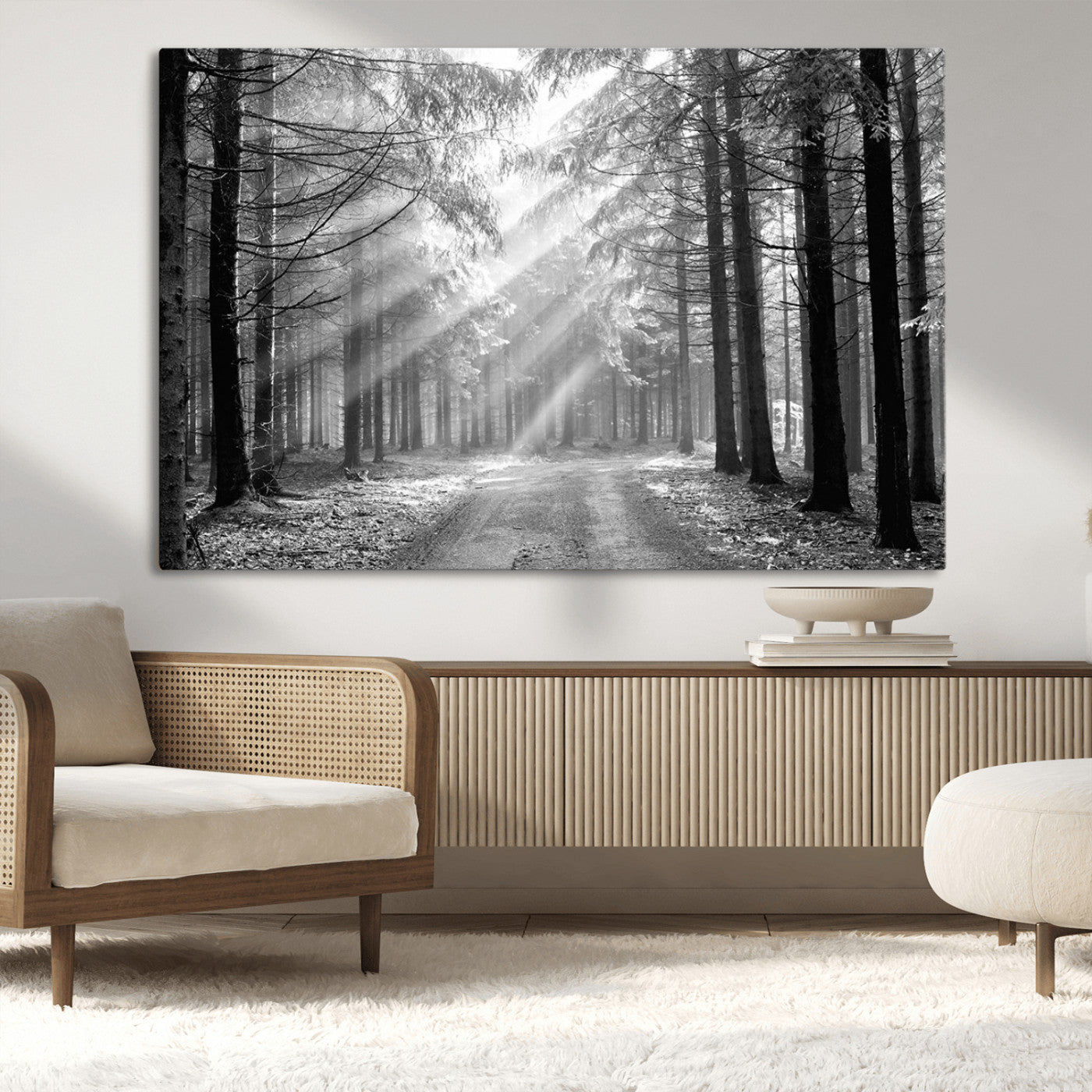 39665-MGV-CV-36X24-Black and White Forest Path Wall Art – Sunlight Rays in Trees Canvas Print, Nature Landscape Decor for Living Room or Office