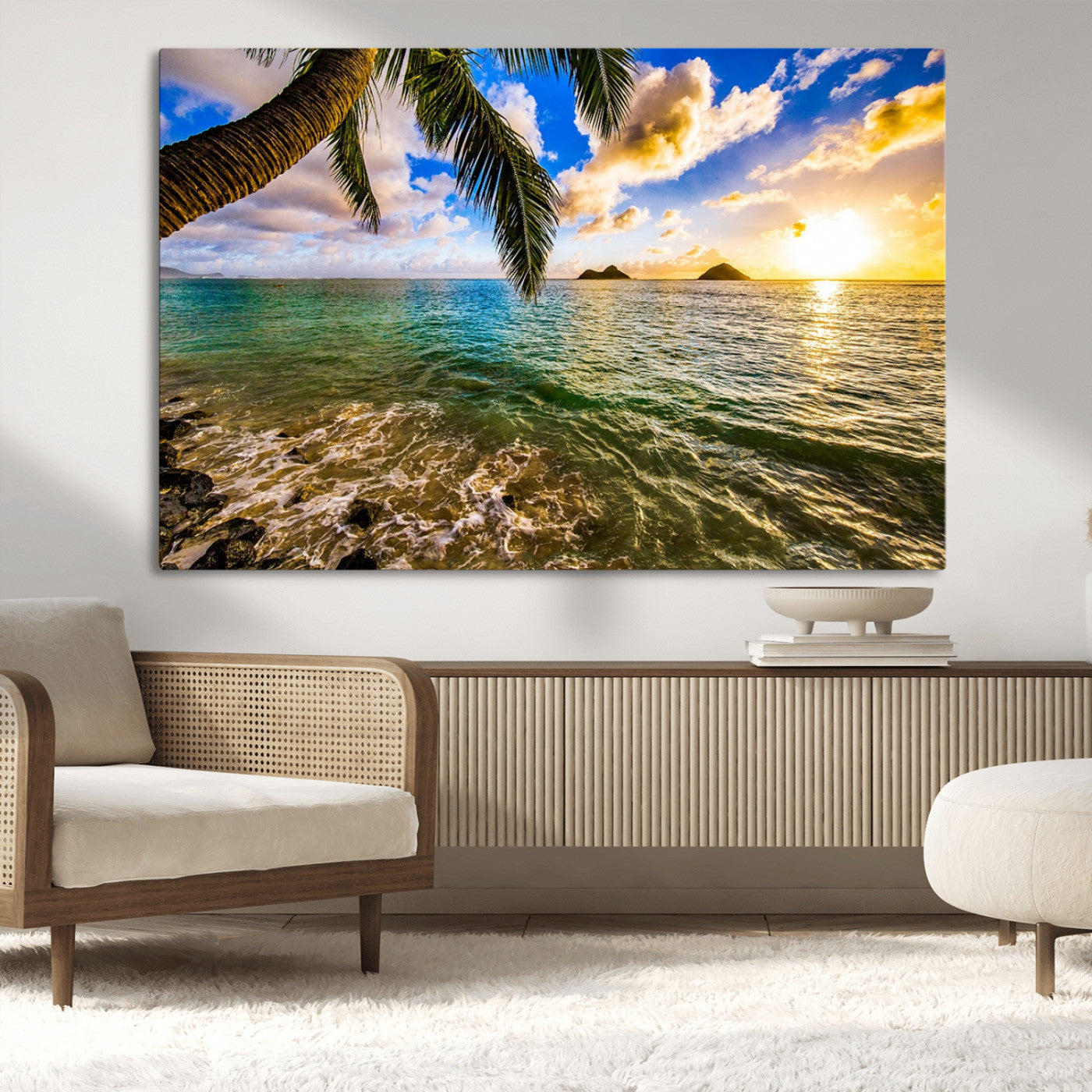 68606-MGV-CV-36X24-Tropical Palm Tree Ocean Wall Art – Sunset Beach Seascape Print, Coastal Paradise Decor for Living Room or Office