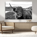 83810-MGV-CV-36X24-Highland Cow Wall Art – Black and White Highland Cattle Print, Rustic Farmhouse Animal Decor for Living Room or Office
