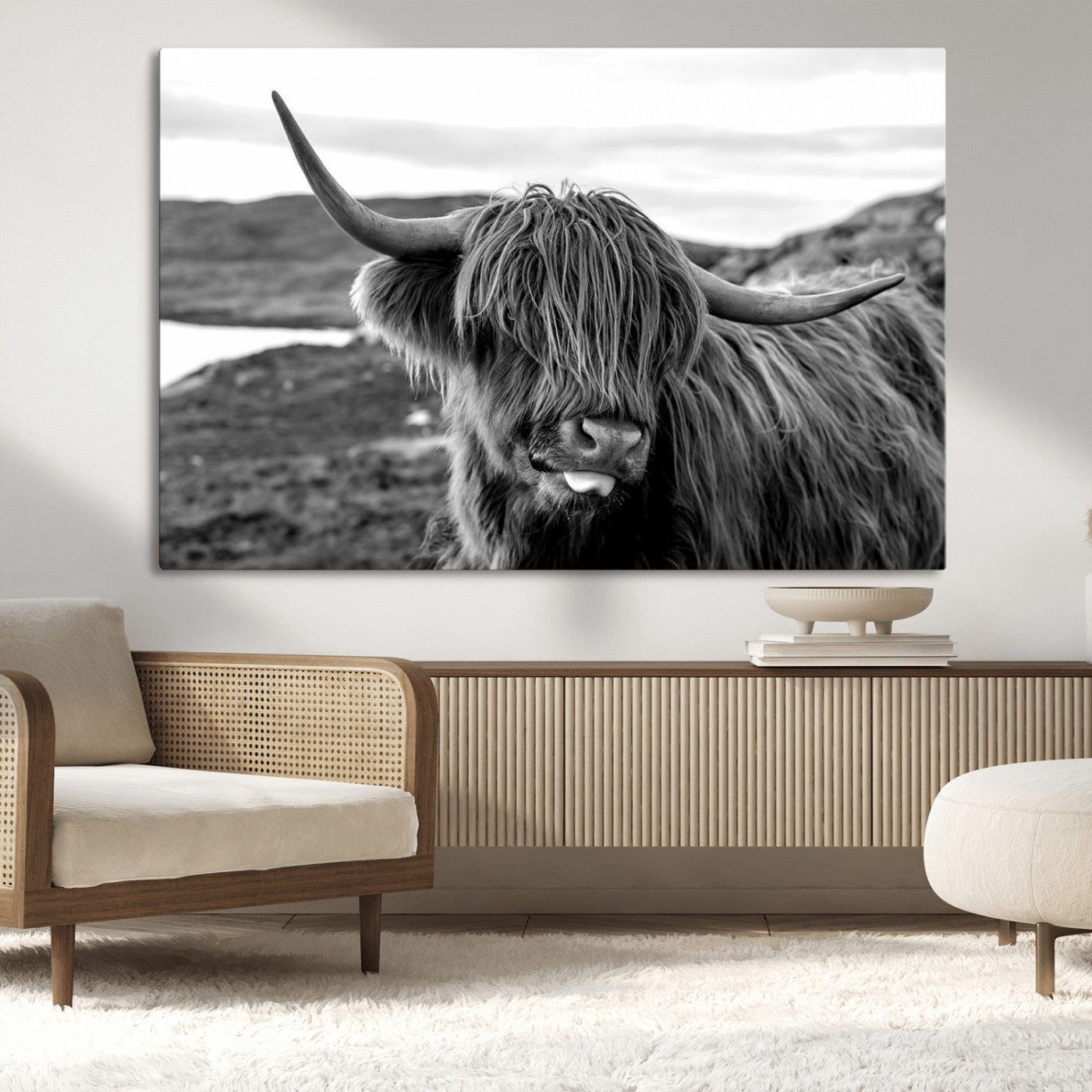 83810-MGV-CV-36X24-Highland Cow Wall Art – Black and White Highland Cattle Print, Rustic Farmhouse Animal Decor for Living Room