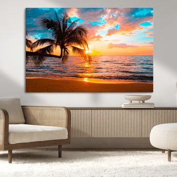 34674-MGV-CV-36X24-Tropical Sunset Beach Wall Art – Palm Tree Ocean Canvas Print, Coastal Seascape Decor for Living Room or Office Wall