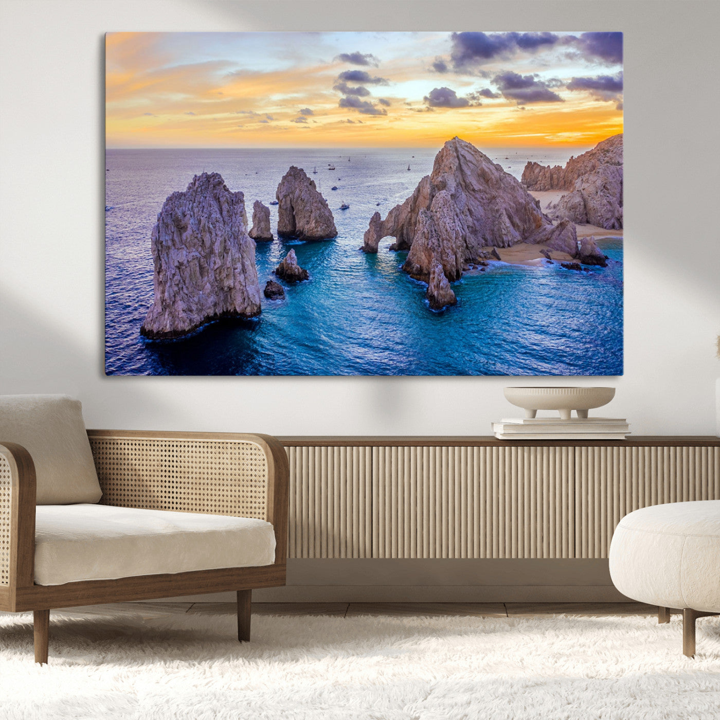 72955-MGV-CV-36X24-Ocean Rock Formation Wall Art – Sunset Coastal Seascape Print, Beach Landscape Decor for Living Room or Office