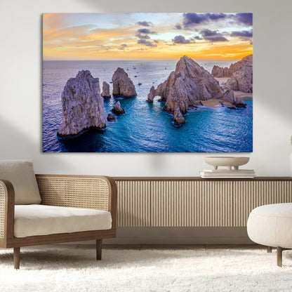 72955-MGV-CV-36X24-Ocean Rock Formation Wall Art – Sunset Coastal Seascape Print, Beach Landscape Decor for Living Room or Office