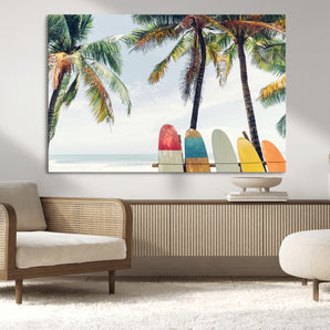 76171-MGV-CV-36X24-Surfboard Wall Art – Tropical Palm Tree and Colorful Surfboards Beach Canvas Print, Coastal Summer Decor for Living Room, Office