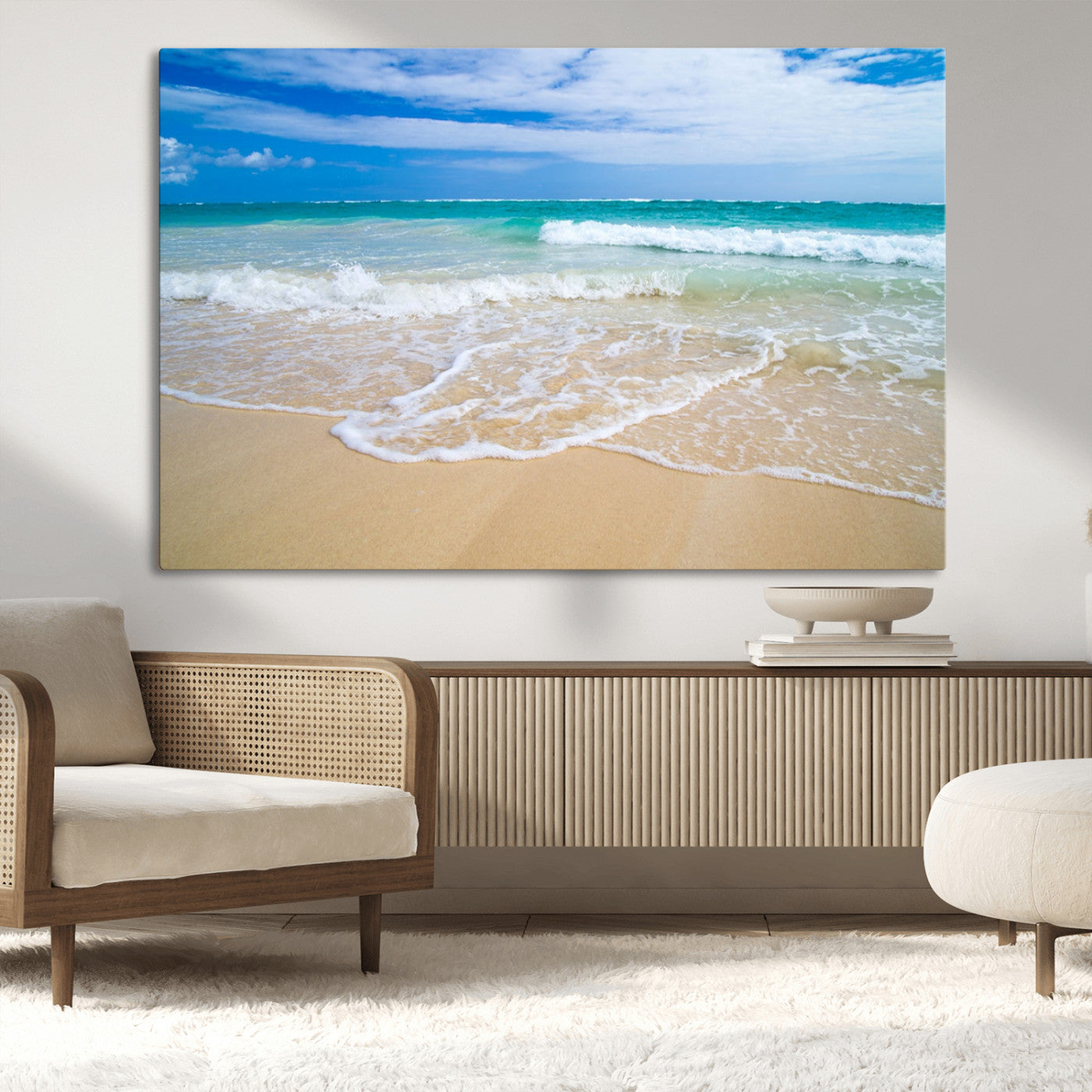 20660-MGV-CV-36X24-Ocean Wave Beach Wall Art – Serene Blue Sea and Sandy Shore Canvas Print, Coastal Landscape Photography Decor for Living Room or