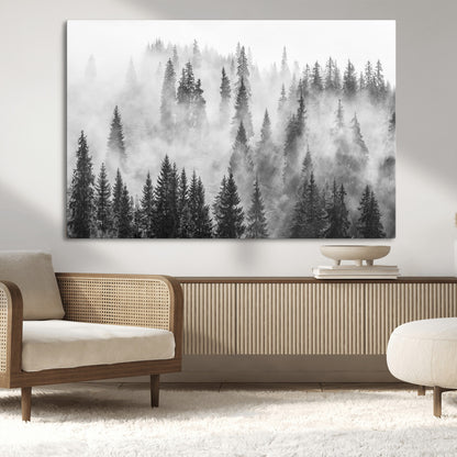 10422-MGV-CV-36X24-Misty Pine Forest Wall Art – Black and White Foggy Landscape Canvas Print, Serene Nature Woodland Decor for Bedroom, Office or
