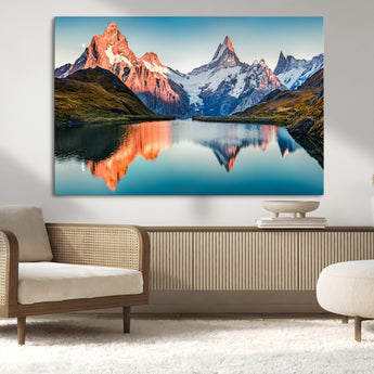 88453-MGV-CV-36X24-Mountain Lake Wall Art – Snow-Capped Peaks Reflected in Alpine Water Canvas Print, Nature Landscape Wall Decor for Living Room or