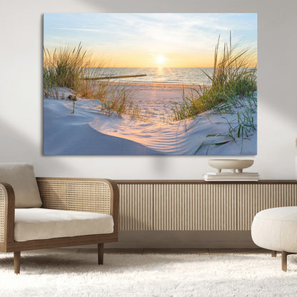 48907-MGV-CV-36X24-Beach Sunset Wall Art – Coastal Sand Dunes and Ocean View Canvas Print, Serene Seaside Landscape Painting for Living Room, Bedroom