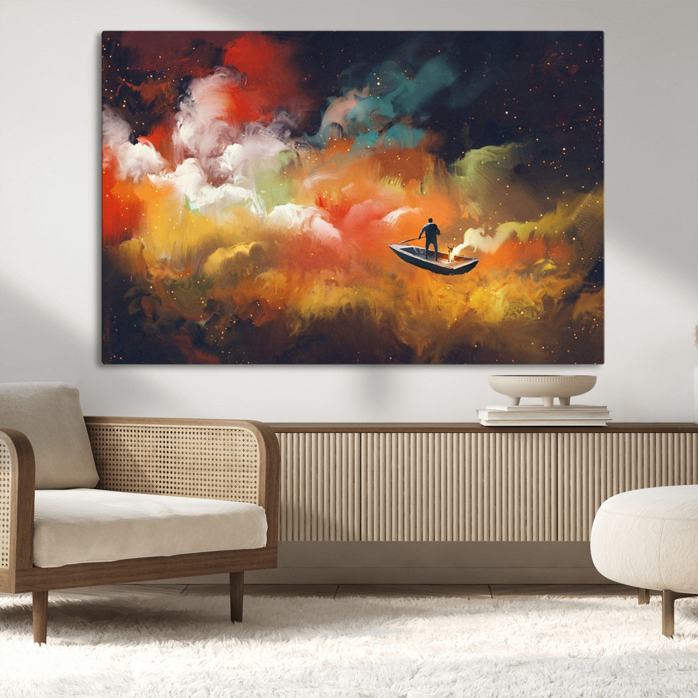 45085-MGV-CV-36X24-Surreal Cosmic Wall Art – Abstract Galaxy Dreamscape Canvas Print with Man and Dog in Boat, Fantasy Nebula Painting for Living