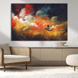 45085-MGV-CV-36X24-Surreal Cosmic Wall Art – Abstract Galaxy Dreamscape Canvas Print with Man and Dog in Boat, Fantasy Nebula Painting for Living