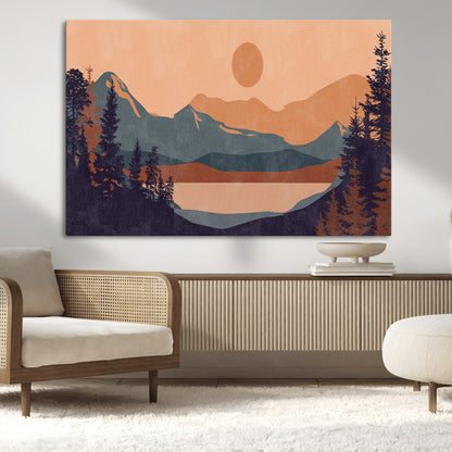 62795-MGV-CV-36X24-Minimalist Mountain Landscape Wall Art – Abstract Sunset Over Peaks and Pine Trees Canvas Print, Modern Nature Decor for Living