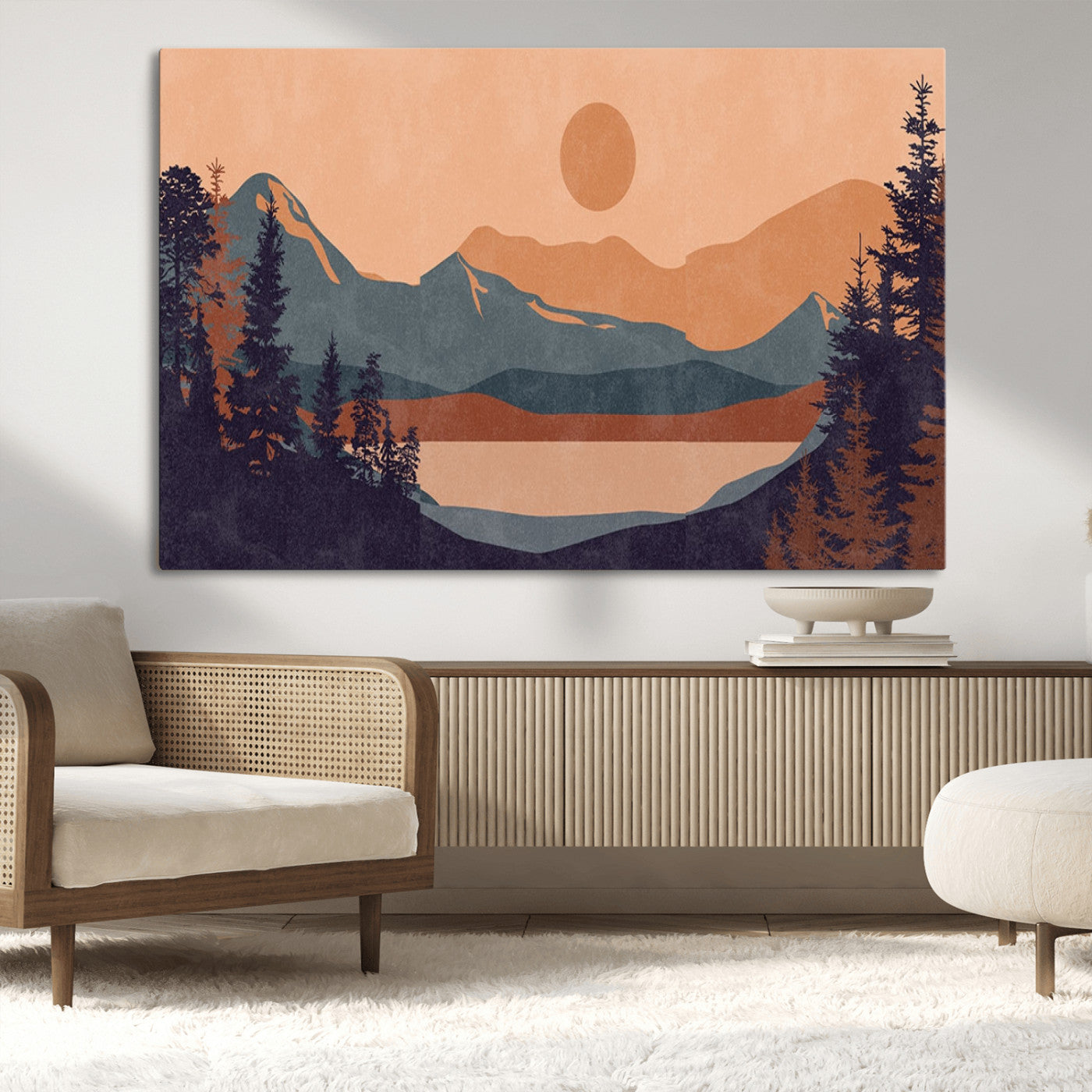 62795-MGV-CV-36X24-Minimalist Mountain Landscape Wall Art – Abstract Sunset Over Peaks and Pine Trees Canvas Print, Modern Nature Decor for Living