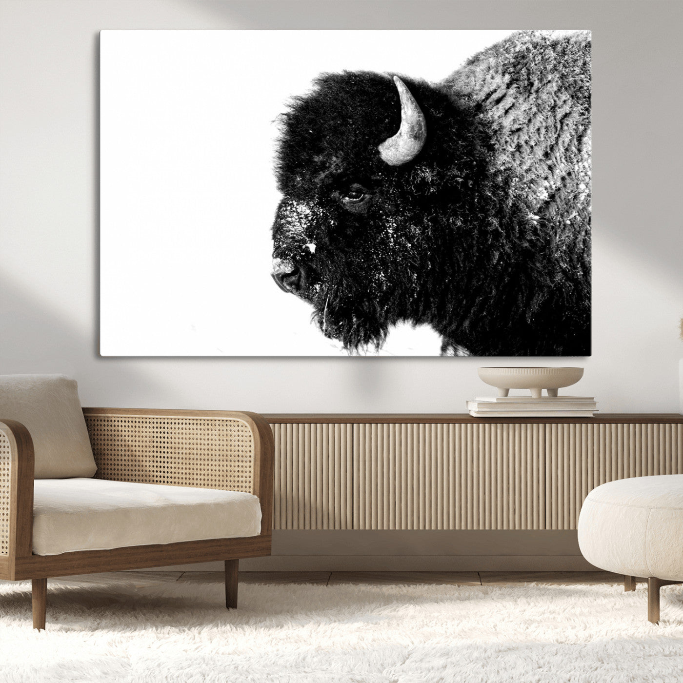68780-MGV-CV-36X24-Bison Close-Up Wall Art – Black and White Buffalo Canvas Print, Rustic Wildlife Photography Decor for Living Room, Office, or