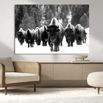 62434-MGV-CV-36X24-Bison Herd Wall Art – Majestic Black and White Buffalo Canvas Print, Wildlife Nature Photography Decor for Living Room, Office or