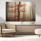 61855-MGV-CV-36X24-Misty Forest Wall Art – Red Tree with Autumn Leaves Canvas Print, Moody Woodland Nature Decor for Living Room, Bedroom, or Office