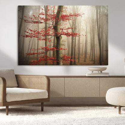 61855-MGV-CV-36X24-Misty Forest Wall Art – Red Tree with Autumn Leaves Canvas Print, Moody Woodland Nature Decor for Living Room, Bedroom, or Office