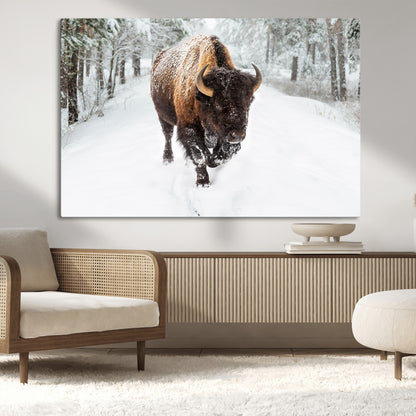 84699-MGV-CV-36X24-Bison in Winter Wall Art – Majestic Buffalo Canvas Print with Snowy Forest Landscape, Rustic Wildlife Artwork for Cabin, Living