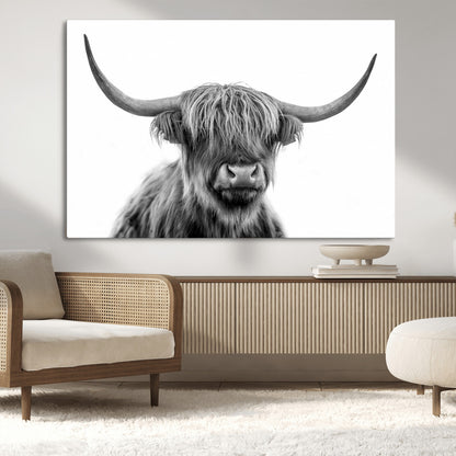 10123-MGV-CV-36X24-Black and White Highland Cow Wall Art – Modern Farmhouse Animal Print, Rustic Scottish Bull Canvas Decor for Living Room, Bedroom,