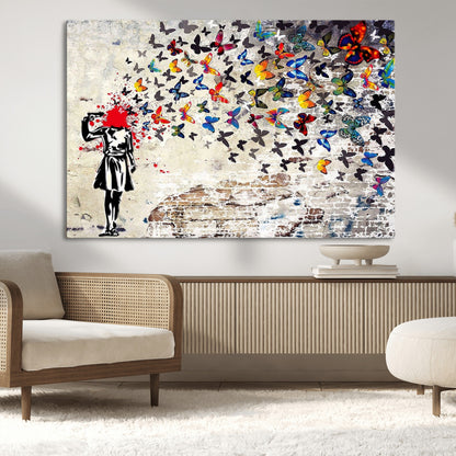 88654-MGV-CV-36X24-Butterfly Explosion Graffiti Wall Art – Street Art Canvas Print, Colorful Butterfly Spray Mural, Modern Abstract Urban Wall Decor