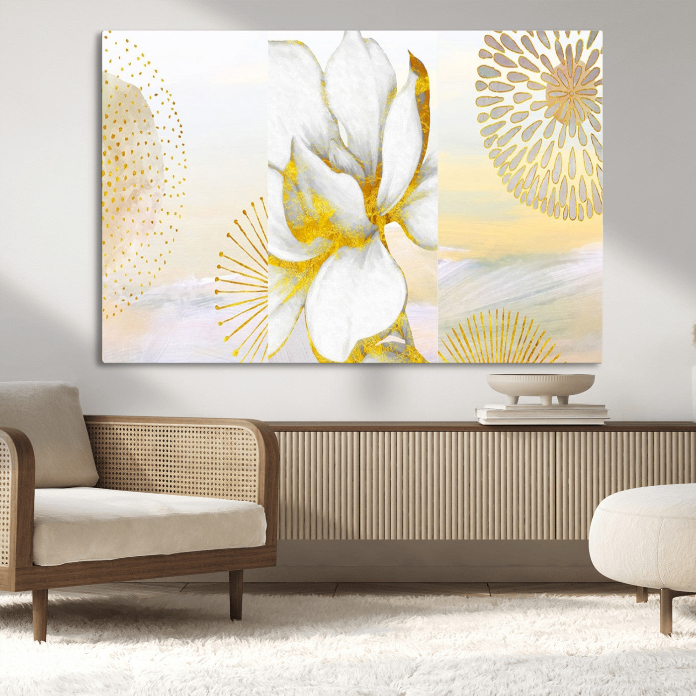 82301-MGV-CV-36X24-Modern Floral Wall Art – White Flower with Gold Detailing Canvas Print, Elegant Abstract Artwork for Living Room, Bedroom, or