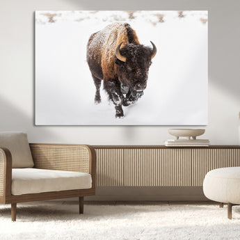 19889-MGV-CV-36X24-Snow Bison Wall Art – Majestic Buffalo Winter Landscape Canvas Print, Rustic Wildlife Photography Decor for Cabin, Lodge, Living