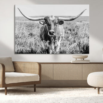 77320-MGV-CV-36X24-Texas Longhorn Wall Art – Black and White Western Cattle Canvas Print, Rustic Farmhouse Animal Photography Decor for Living Room,