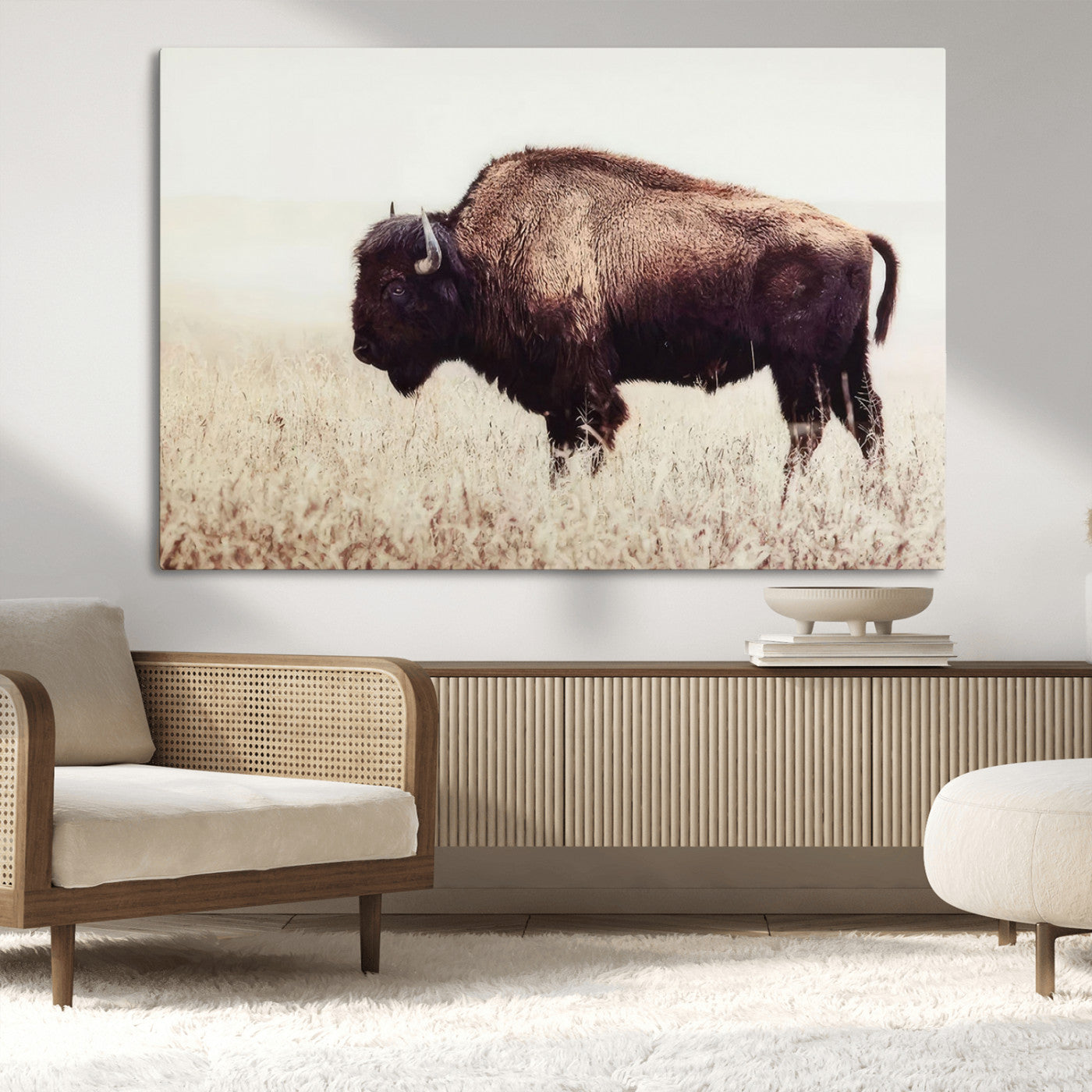 48406-MGV-CV-36X24-American Bison Wall Art – Rustic Buffalo Canvas Print in Prairie Field, Western Wildlife Photography Decor for Cabin, Lodge,