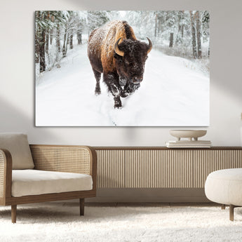 10109-MGV-CV-36X24-Majestic Bison Winter Wall Art – Snowy Forest Buffalo Canvas Print, Rustic Wildlife Photography Decor for Cabin, Lodge, Living