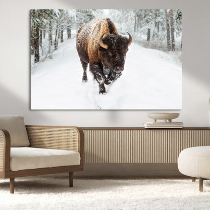 10109-MGV-CV-36X24-Majestic Bison Winter Wall Art – Snowy Forest Buffalo Canvas Print, Rustic Wildlife Photography Decor for Cabin, Lodge, Living