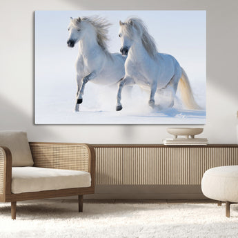 80145-MGV-CV-36X24-White Horses Running Snow Wall Art – Majestic Equine Canvas Print, Winter Nature Photography Decor for Living Room, Office,