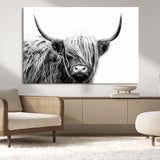 51957-MGV-CV-36X24-Highland Cow Wall Art – Black and White Scottish Highland Bull Canvas Print, Rustic Farmhouse Animal Decor for Living Room,