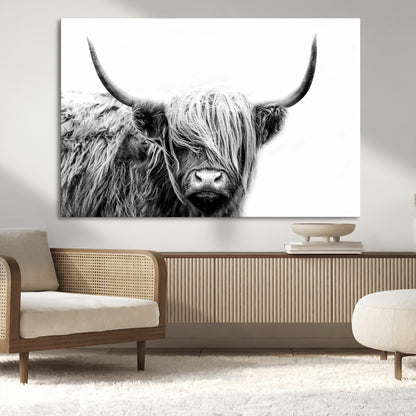 51957-MGV-CV-36X24-Highland Cow Wall Art – Black and White Scottish Highland Bull Canvas Print, Rustic Farmhouse Animal Decor for Living Room,