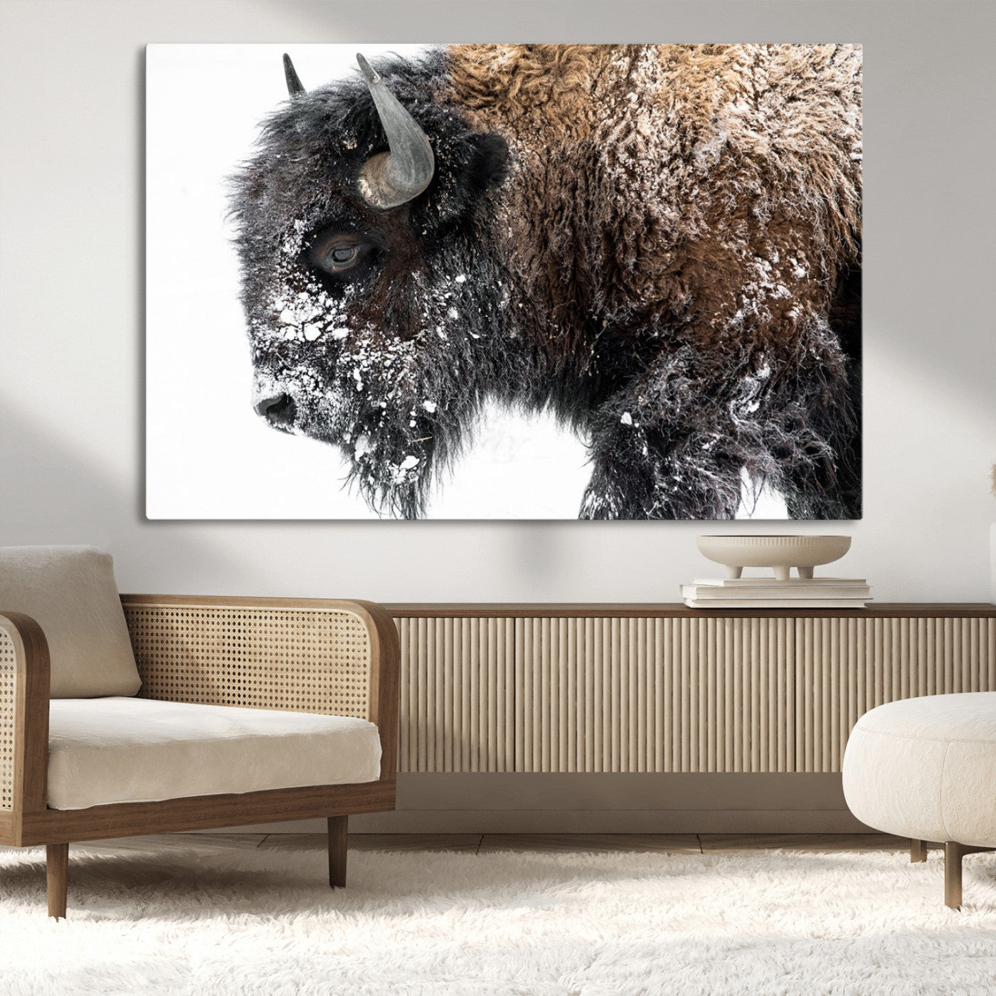 24304-MGV-CV-36X24-Bison Wall Art Canvas Print, Framed Winter Bison Art Picture Print, Snowy Buffalo Perfect Rustic Farmhouse Decor Artwork