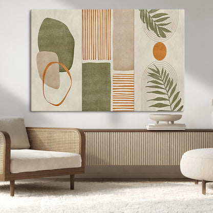 96002-MGV-CV-36X24-Abstract Geometric Wall Art – Modern Canvas Print with Green, Orange & Beige Shapes, Minimalist Home Decor for Living Room, Office